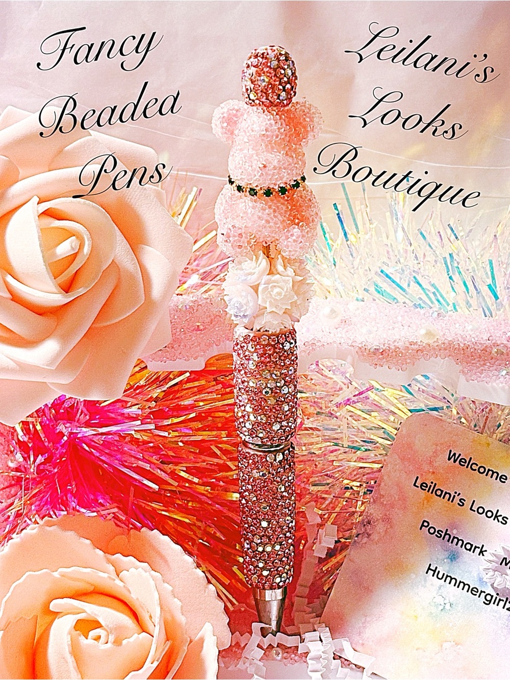 Sparkling Pink Beaded Rhinestone Pen/Pink beaded pen with rhinestones and a bear
